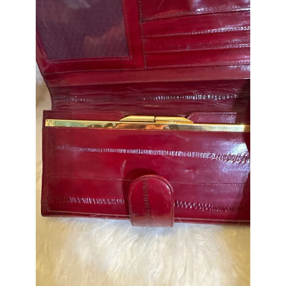Unbranded Eel Skin Wallet Womens OS Trifold Burgundy Red Exotic Leather Vintage